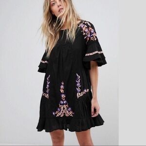 Free People Pavlo Embroidered Mini Dress Black